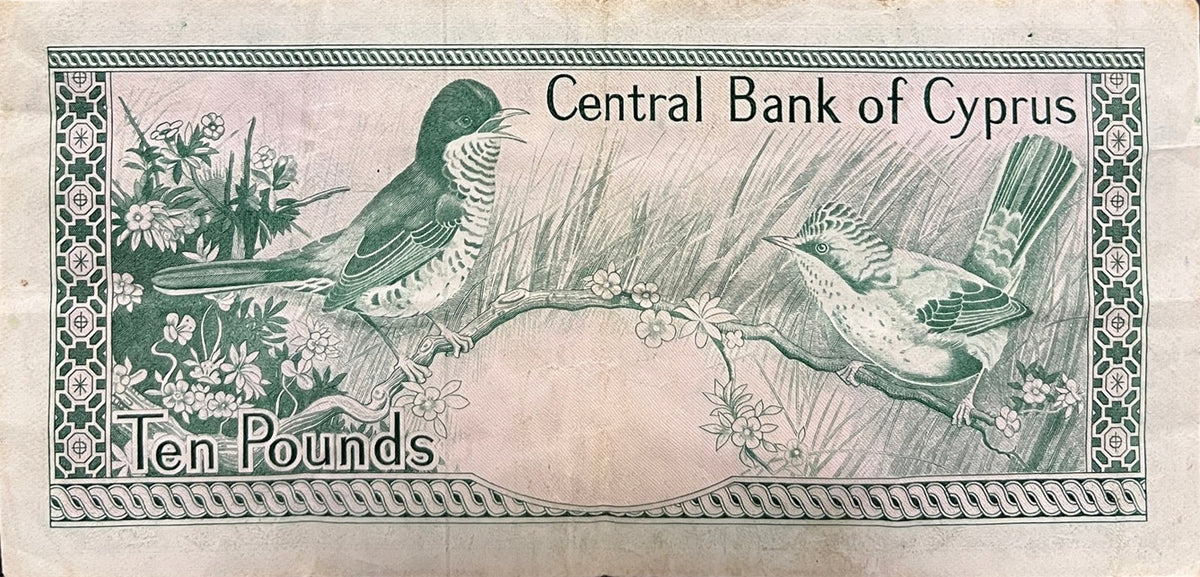 Back view of a 1983 Cyprus 10 Pounds banknote showing two birds on a flowering branch.