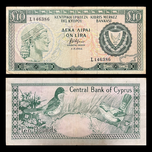 Cyprus 10 Pounds 1983 P-48b VF banknote – front with an archaic Cypriot head and the national arms, back with two birds