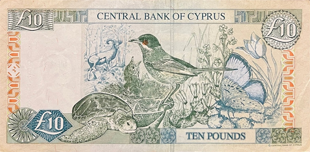 Back view of a 2005 Cyprus 10 Pounds banknote showing a Cyprus warbler, mouflon, green turtle and Paphos Blue butterfly.
