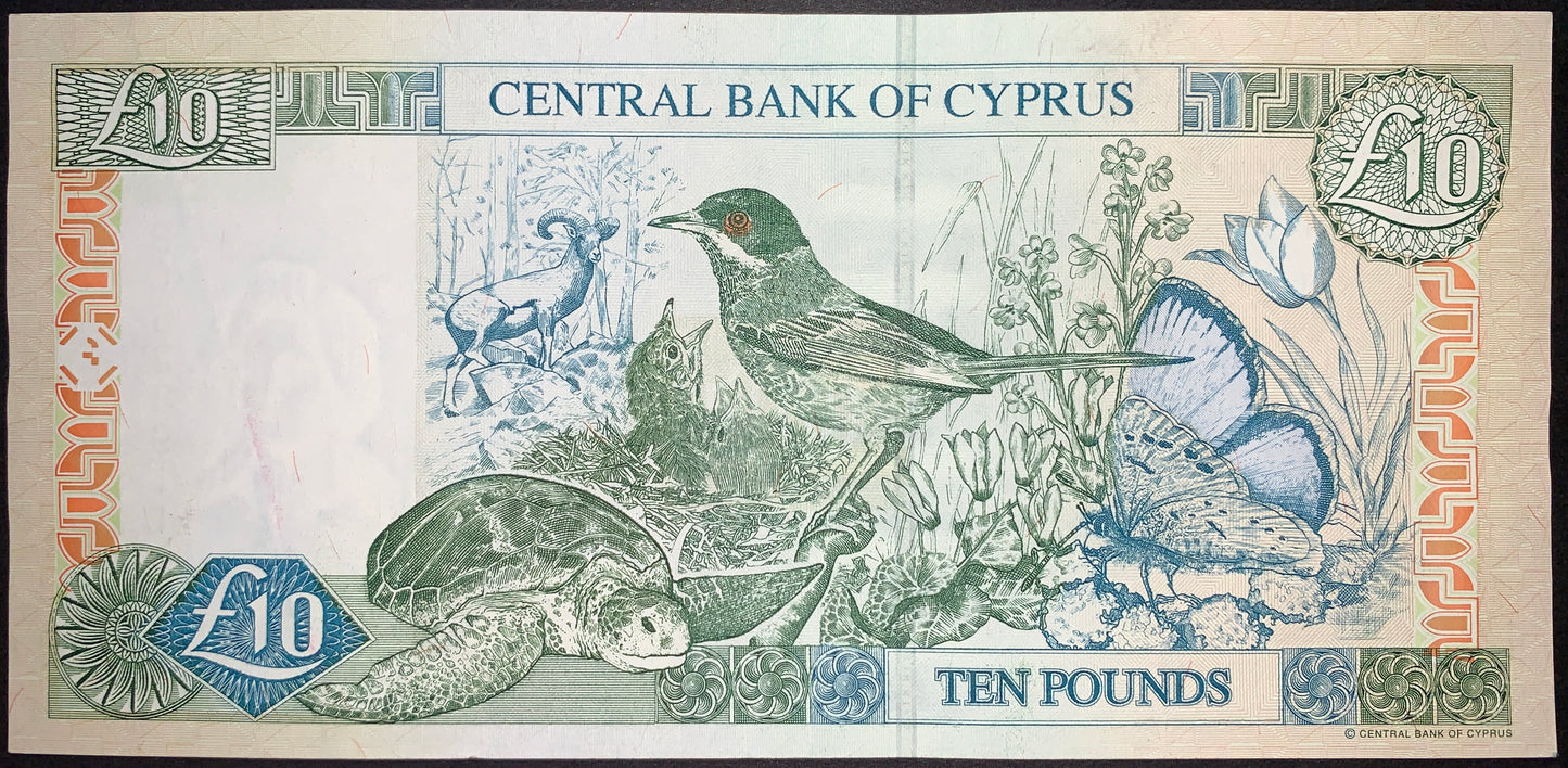 Reverse of the Cyprus 10 Pounds note displaying Cyprus wildlife and nature, including a sea turtle, bird with nestlings, butterfly, wildflowers, and decorative guilloche patterns. Issued by the Central Bank of Cyprus before euro adoption.