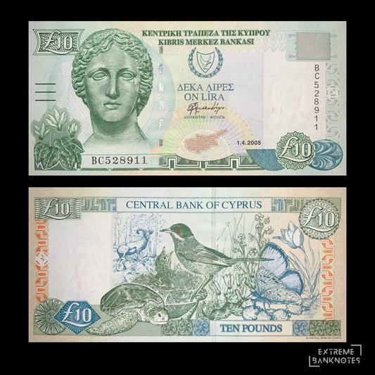 Authentic Cyprus 10 Pounds banknote (2005, P-62e) showing the front with a classical female statue, Cyprus map, and security features, alongside the reverse featuring native wildlife including a bird, sea turtle, butterfly, and floral motifs. Original Central Bank of Cyprus collectible paper money.
