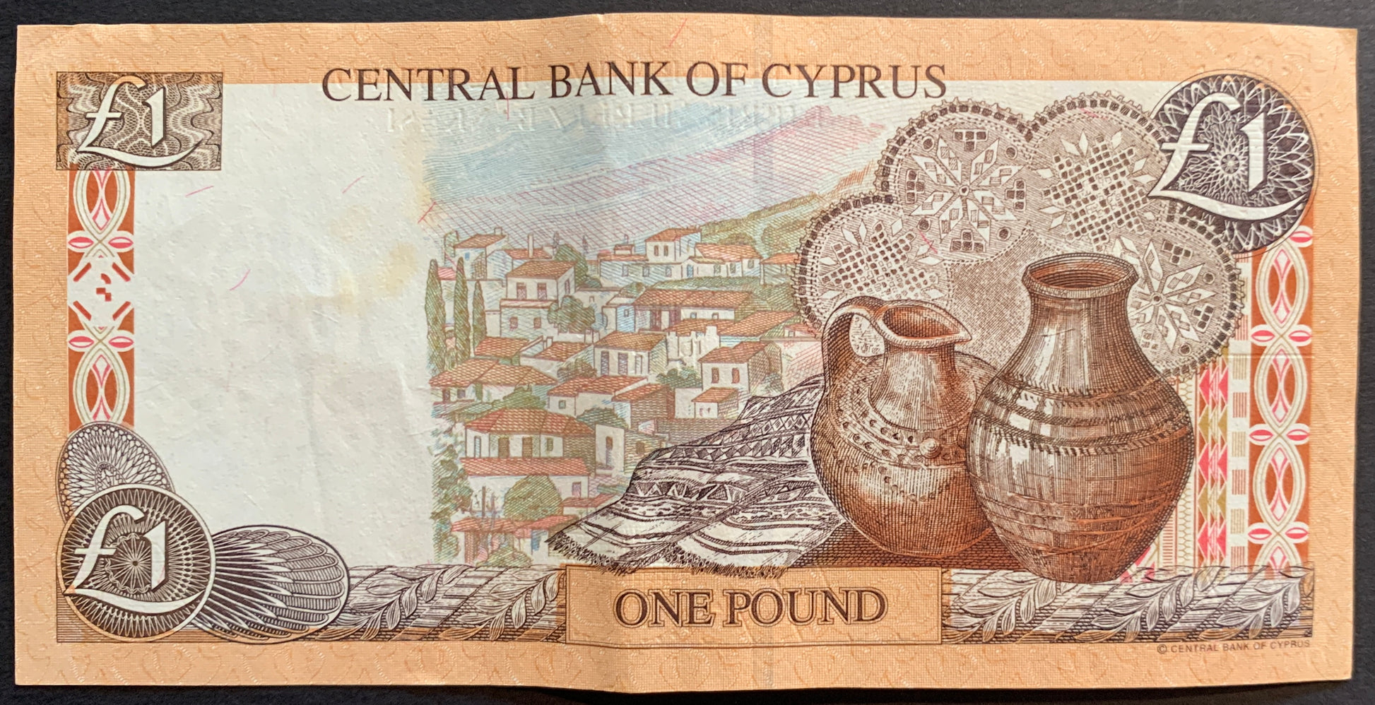 Cyprus 1 Pound 2001 P-60c banknote back featuring Cypriot heritage imagery