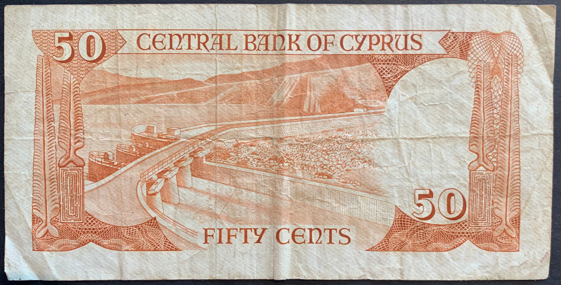 Cyprus 50 Sent 1984 P-49b banknote back showing traditional Cypriot design