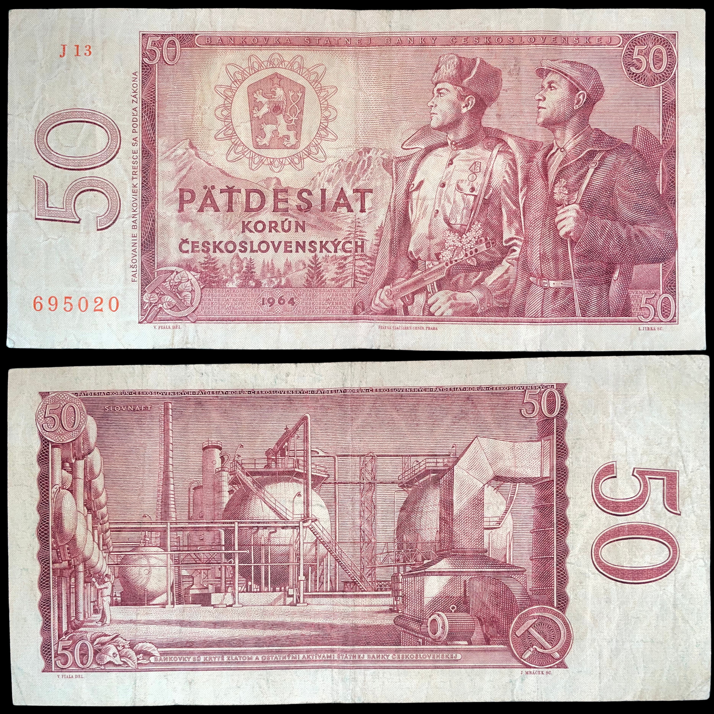 Czechoslovakia 50 Korun 1964 banknote, featuring two workers on the front and an industrial factory complex with a hammer and sickle emblem on the reverse.