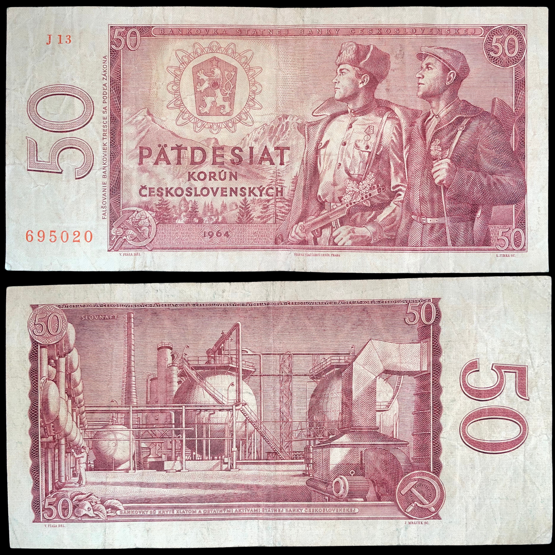 Czechoslovakia 50 Korun 1964 banknote, featuring two workers on the front and an industrial factory complex with a hammer and sickle emblem on the reverse.