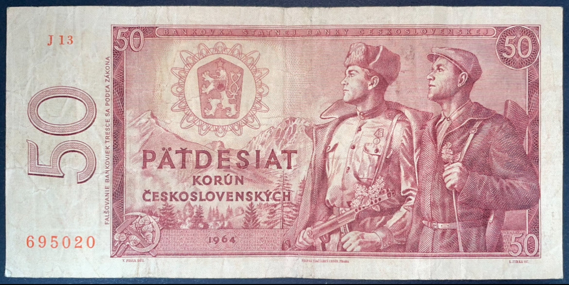 Obverse of a Czechoslovakia 50 Korun 1964 banknote, featuring two workers, the Czechoslovak coat of arms, mountain scenery, and the denomination 50 Korun.