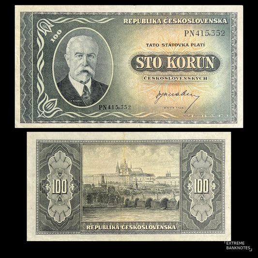 Czechoslovakia 100 Korun ND (1945) P-63a VF banknote – front with President T. G. Masaryk, back with Prague Castle and Charles Bridge