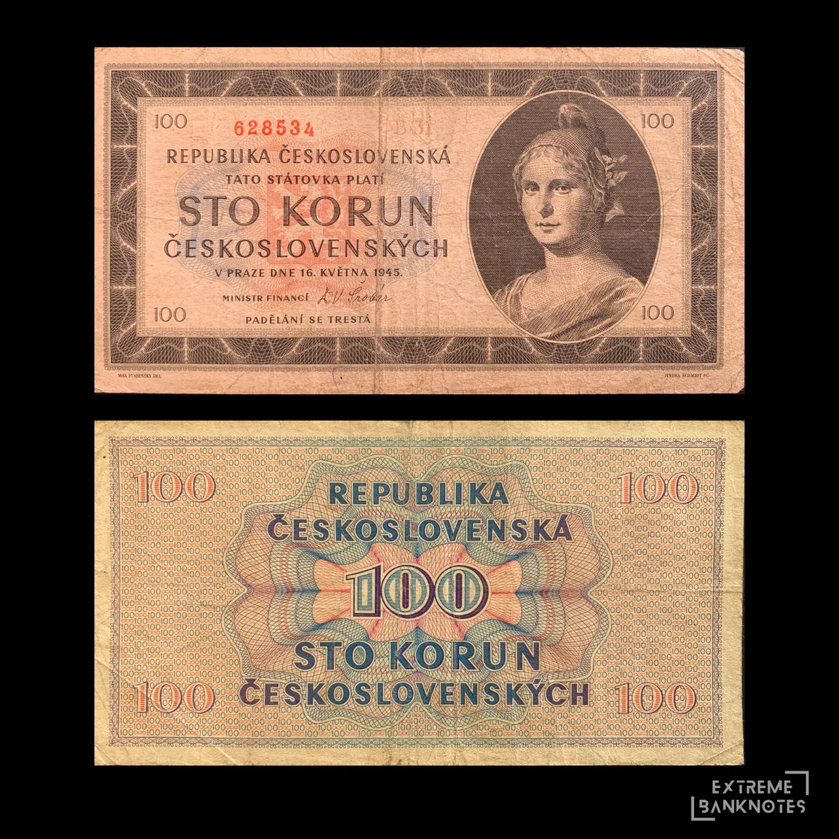 Czechoslovakia 100 Korun 1945 P-67 VF – front and back