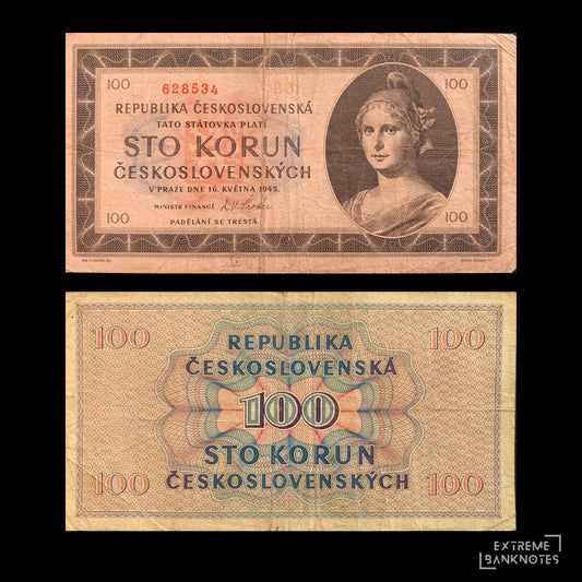 Czechoslovakia 100 Korun 1945 P-67 VF – front and back
