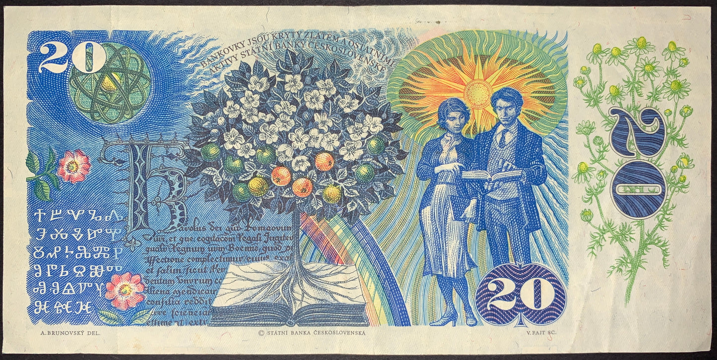 Czechoslovakia 20 Korun 1988 P-95b VF banknote reverse featuring flowering tree, students reading beneath the sun, rainbow design and symbolic educational artwork