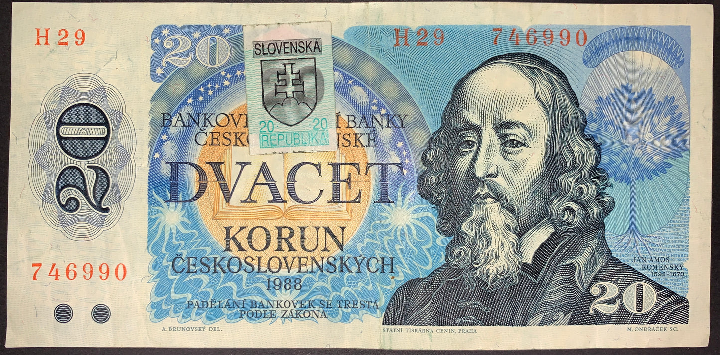 Czechoslovakia 20 Korun 1988 P-95b VF banknote featuring Jan Amos Comenius portrait, educational motifs and Slovak overprint, vintage paper currency