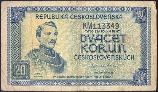 front of Czechoslovakia 20 Korun ND (1945) P-61 F/VF collectible vintage banknote with portrait of Karel Havlíček Borovský