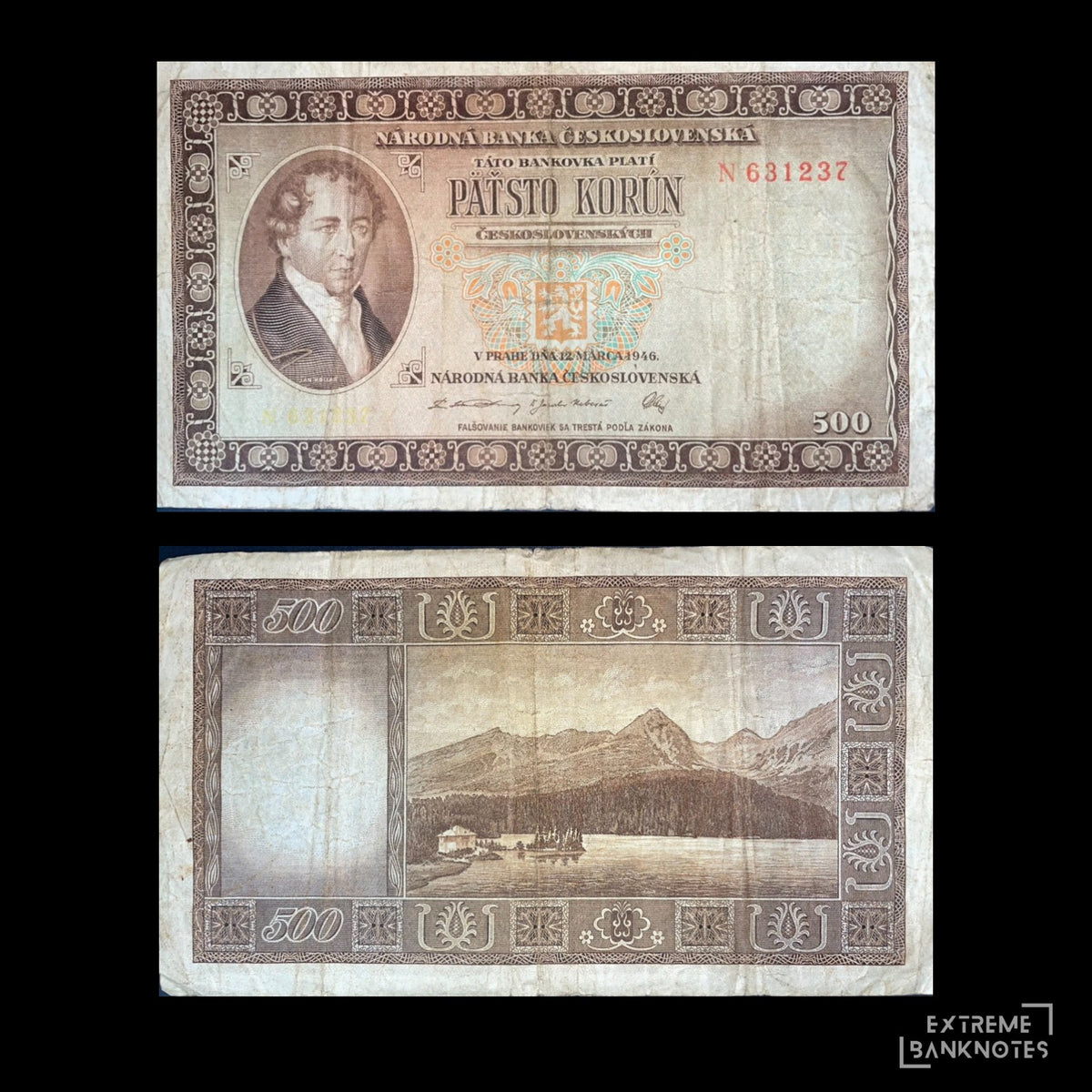 Czechoslovakia 500 Korun 1946 banknote, featuring a portrait of a historical figure on the front and a mountain lake landscape on the reverse.