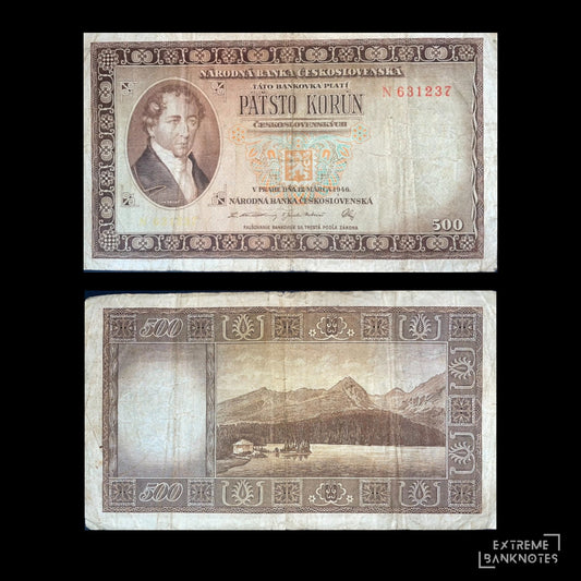 Czechoslovakia 500 Korun 1946 banknote, featuring a portrait of a historical figure on the front and a mountain lake landscape on the reverse.