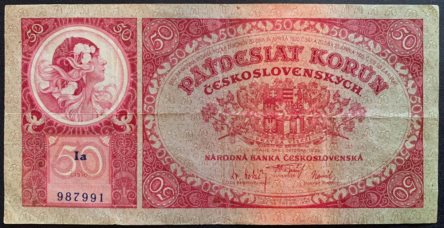 Front of Czechoslovakia 50 Korún 1929 P-22 VF featuring coat of arms and woman with flowers