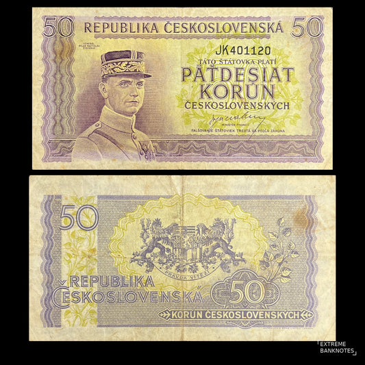 Czechoslovakia 50 Korun ND (1945) P-62 F banknote – front with General Milan Rastislav Štefánik, back with the lion coat of arms