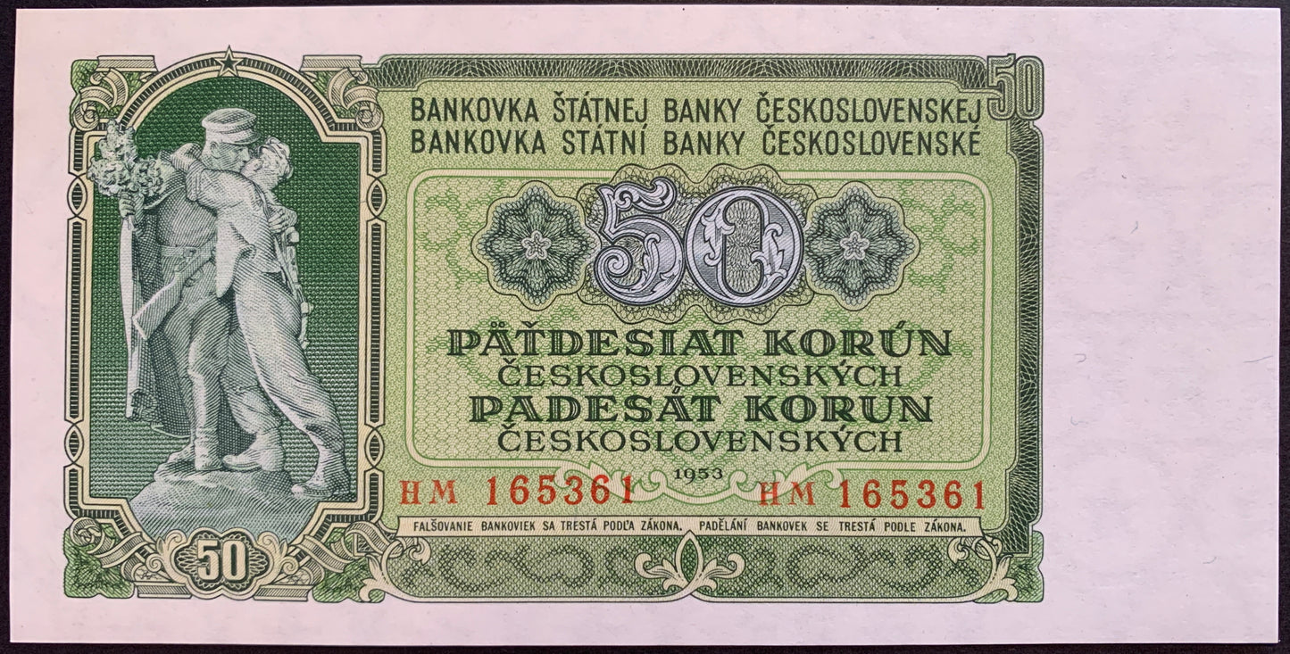 front of Czechoslovakia 50 Korun 1953 P-85b collectible vintage banknote with Statue of Brotherhood in Česká Třebová (Böhmisch Trübau) in eastern Czech Republic