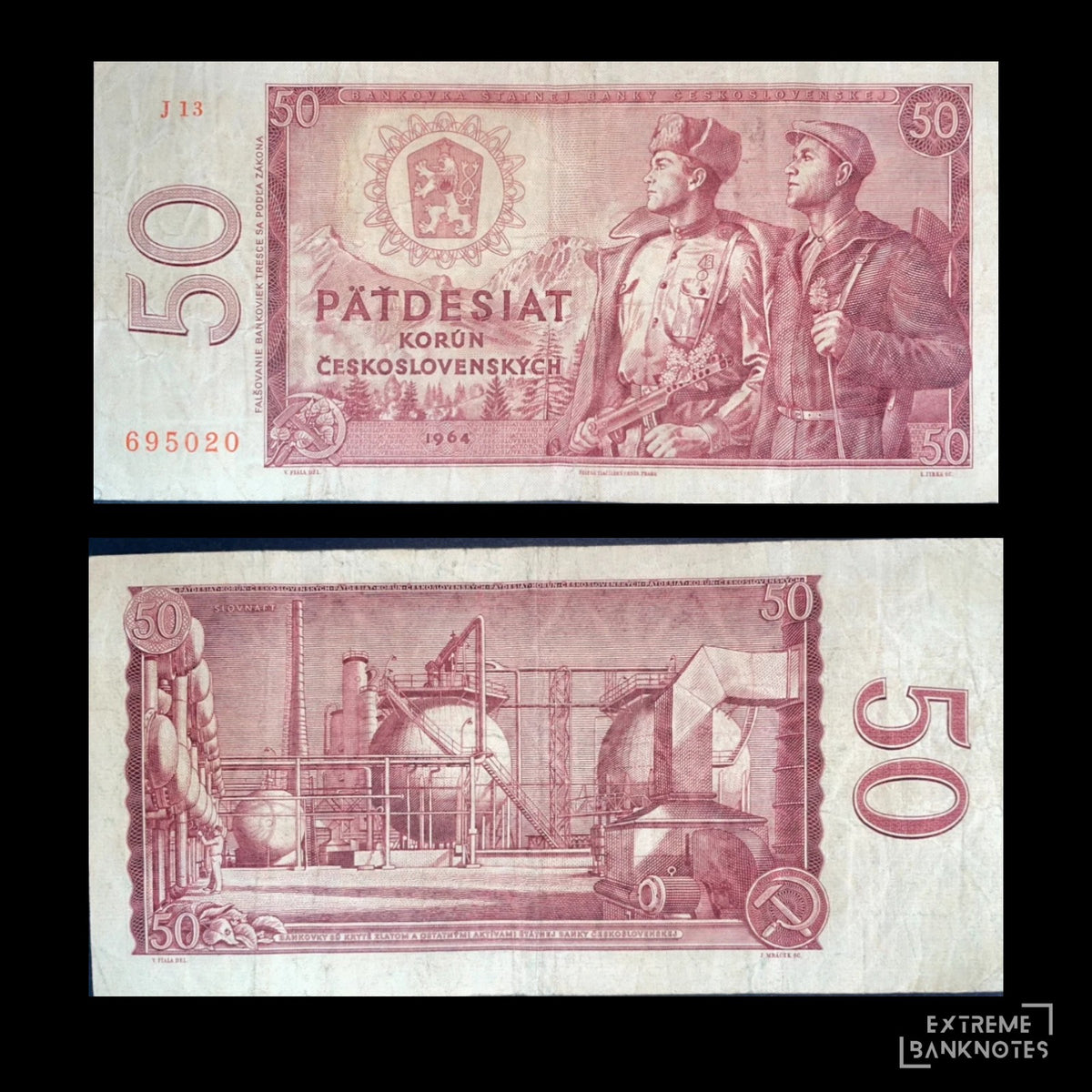 Czechoslovakia 50 Korun 1964 banknote, featuring two workers on the front and an industrial factory complex with a hammer and sickle emblem on the reverse.