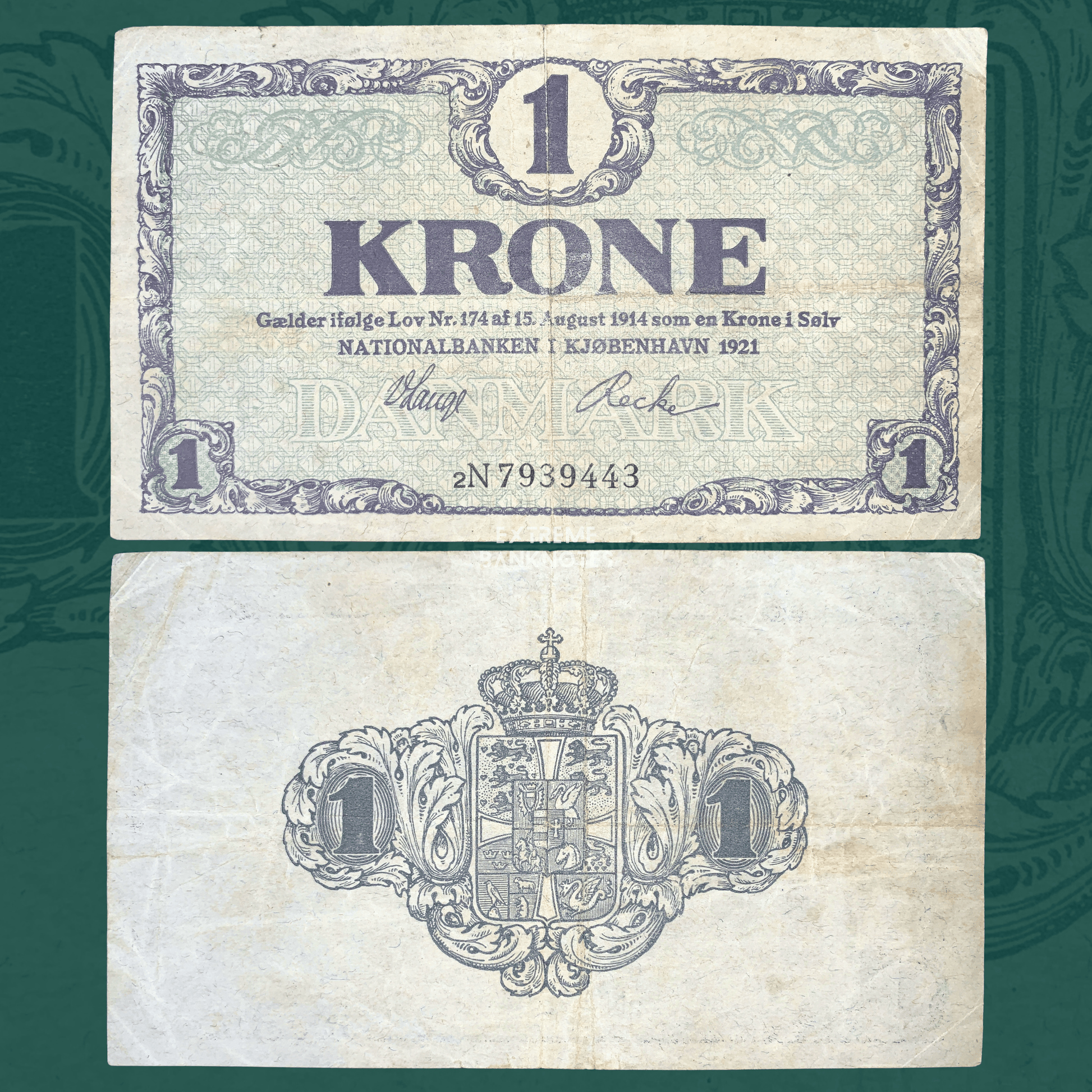 1921 Denmark 1 Krone banknote front and back view P-12g Fine condition vintage Danish emergency paper money showing obverse text and reverse national coat of arms with crowned lions.