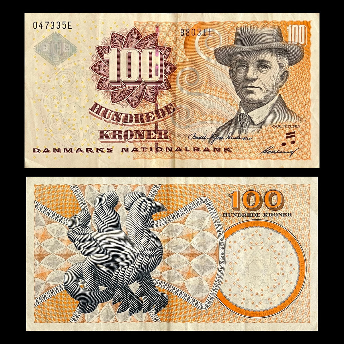 Denmark 100 Kroner (2002-2008) P-61 VF banknote – front with composer Carl Nielsen, back with a basilisk from Tømmerby Church