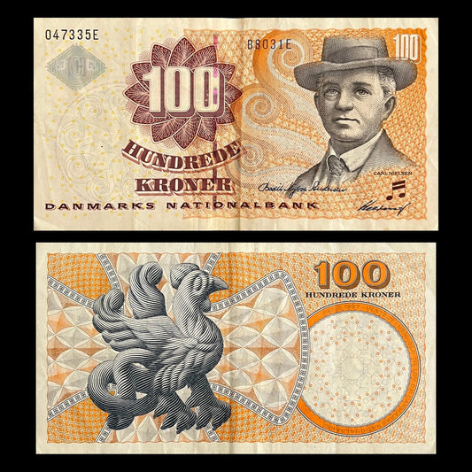 Denmark 100 Kroner (2002-2008) P-61 VF banknote – front with composer Carl Nielsen, back with a basilisk from Tømmerby Church