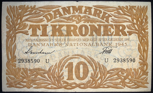 front of Denmark 10 Kronen 1943 P-31o G collectible vintage banknote with seaweed border decoration