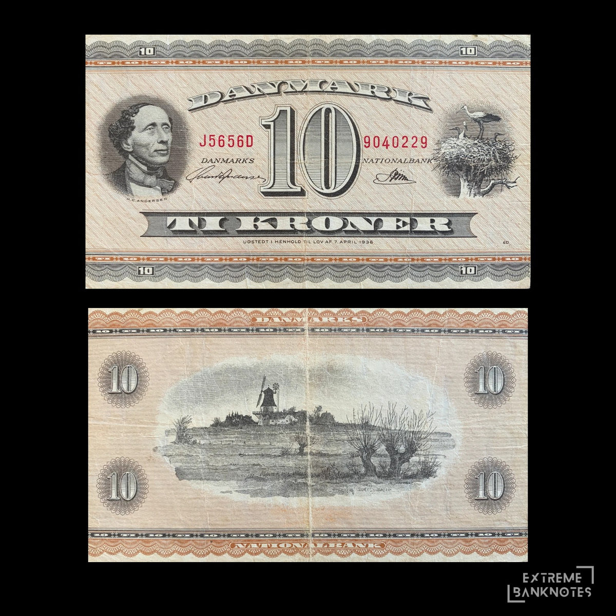 Denmark 10 Kroner ND (195?) P-44 VF – front and back