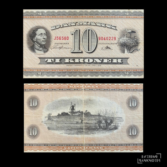 Denmark 10 Kroner ND (195?) P-44 VF – front and back