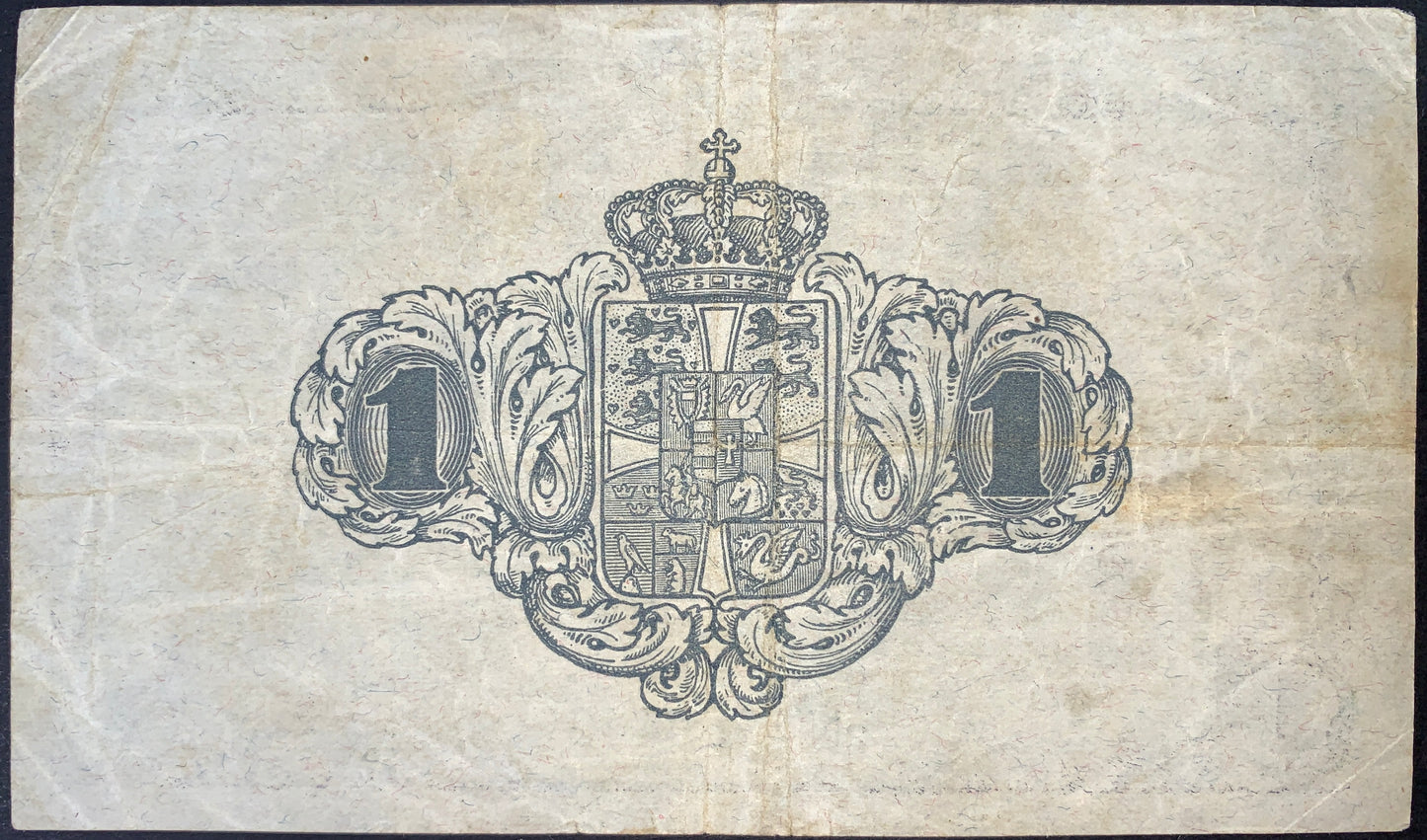 1921 Denmark 1 Krone banknote direct reverse back view P-12g Fine condition rare vintage Danish paper money featuring the royal coat of arms with crowned heraldic shield and lions.
