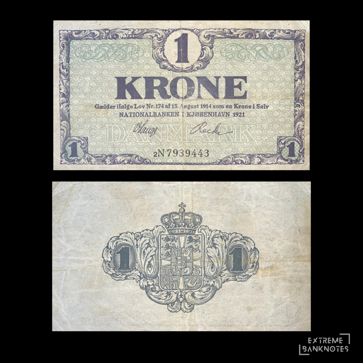 1921 Denmark 1 Krone banknote front and back view P-12g Fine condition vintage Danish emergency paper money showing obverse text and reverse national coat of arms with crowned lions.
