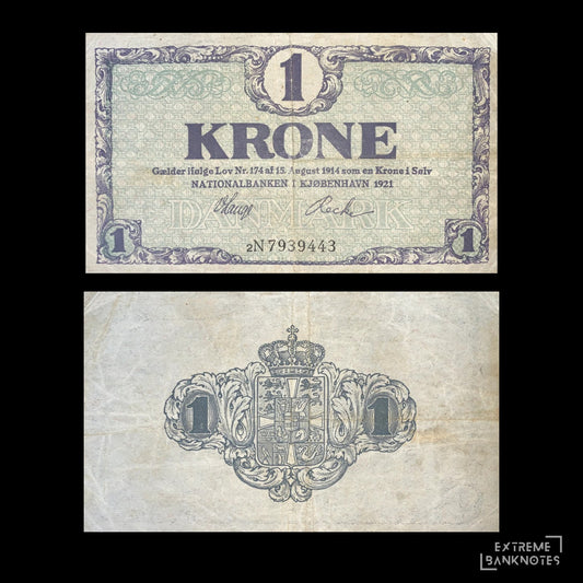 1921 Denmark 1 Krone banknote front and back view P-12g Fine condition vintage Danish emergency paper money showing obverse text and reverse national coat of arms with crowned lions.