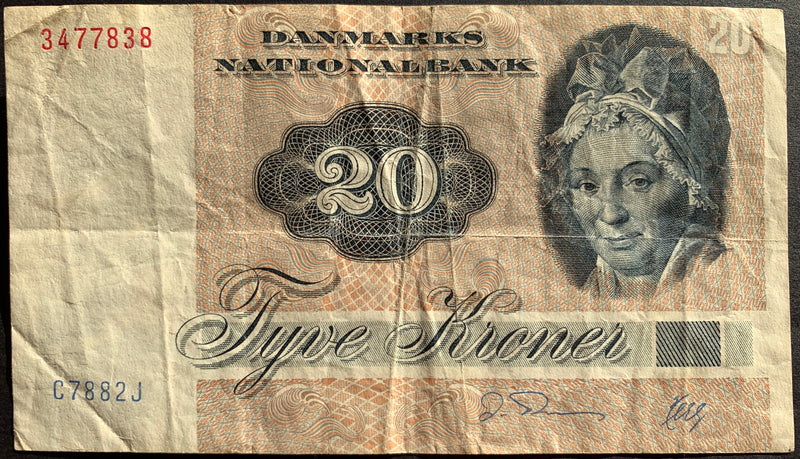 front of Denmark 20 Kroner 1988 P-49h VF collectible banknote with portrait of  Pauline Maria Tutein by Jens Juel