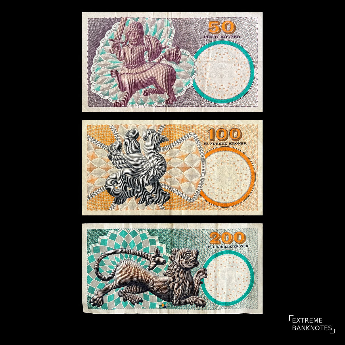 Back view of Denmark 50, 100 and 200 Kroner banknotes showing a centaur, a basilisk and a lion from medieval church carvings.
