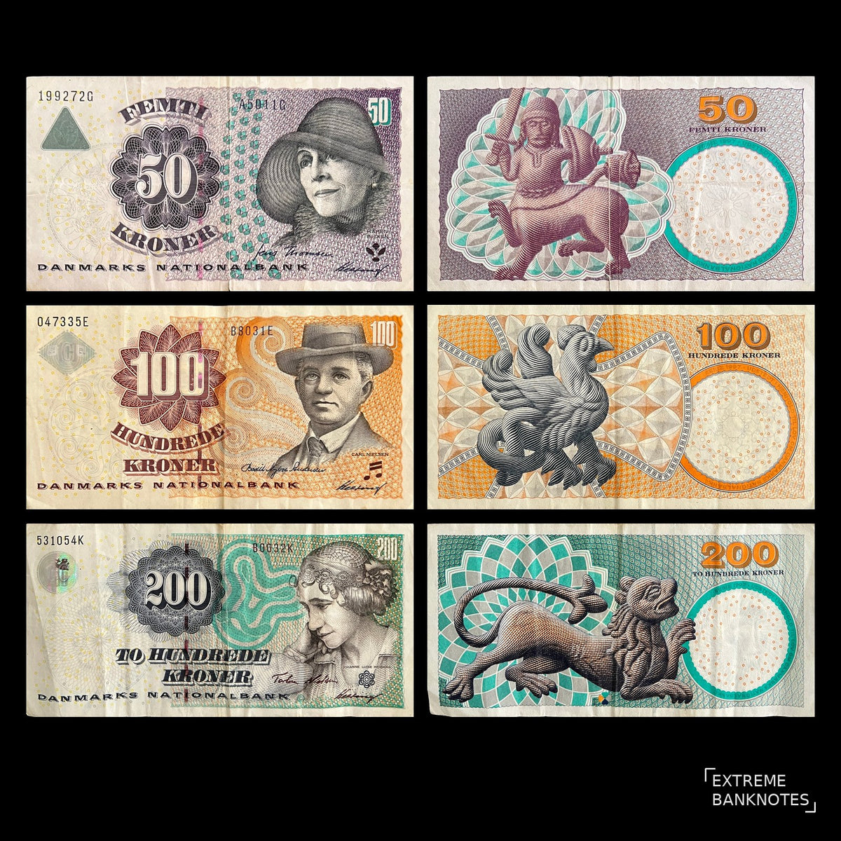 Denmark 3 Banknote Set 2001-2003 VF – all 3 notes front and back, 50, 100 and 200 Kroner Famous Danes