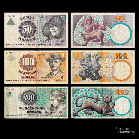 Denmark 3 Banknote Set 2001-2003 VF – all 3 notes front and back, 50, 100 and 200 Kroner Famous Danes