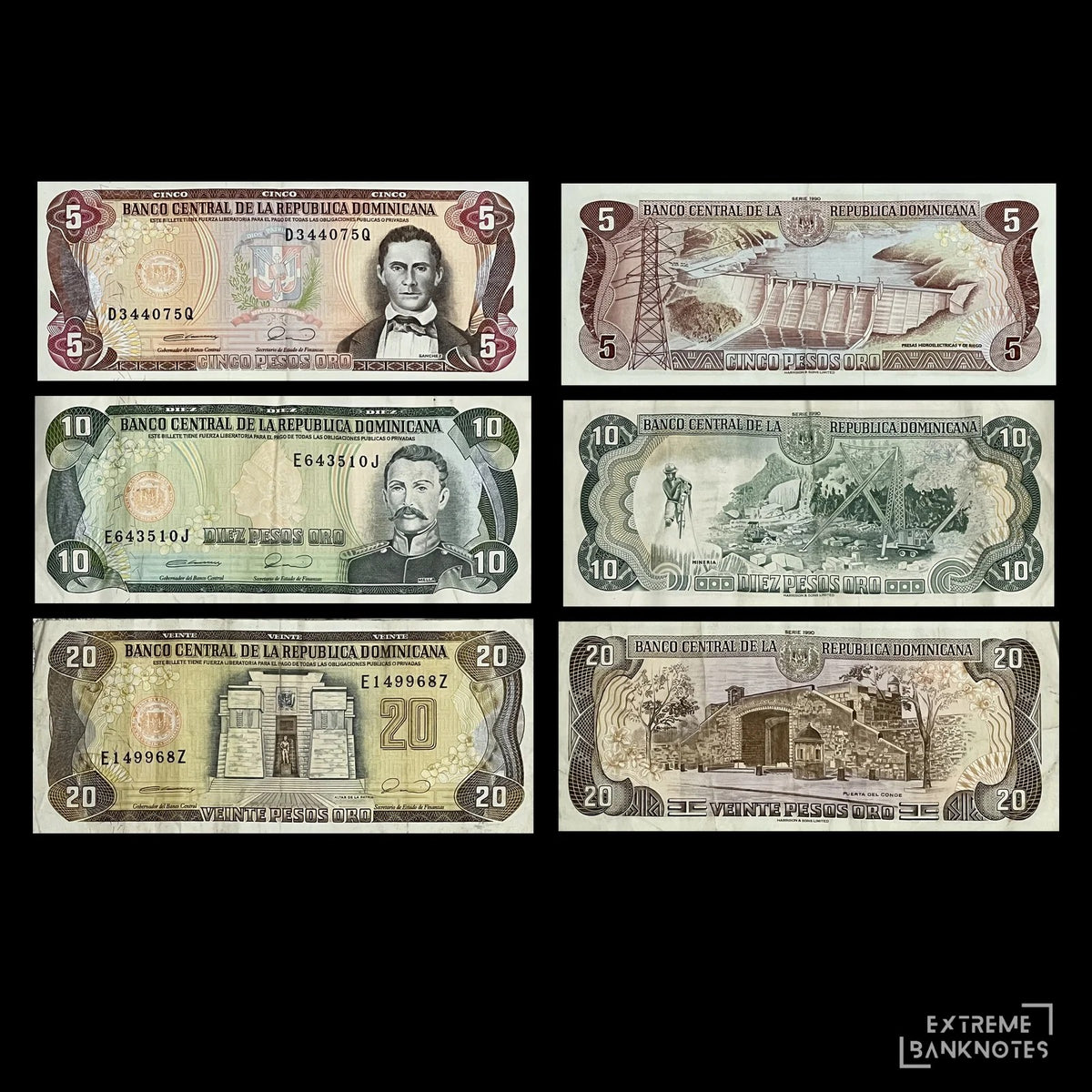 Dominican Republic 5, 10 & 20 Pesos Oro 1990 P-131 to P-133 VF set – fronts with Sánchez, Mella and the Altar de la Patria, backs with a dam, mining scene and Puerta del Conde