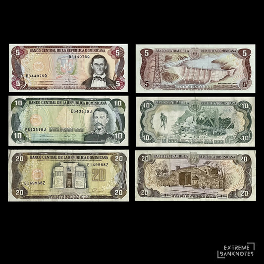 Dominican Republic 5, 10 & 20 Pesos Oro 1990 P-131 to P-133 VF set – fronts with Sánchez, Mella and the Altar de la Patria, backs with a dam, mining scene and Puerta del Conde