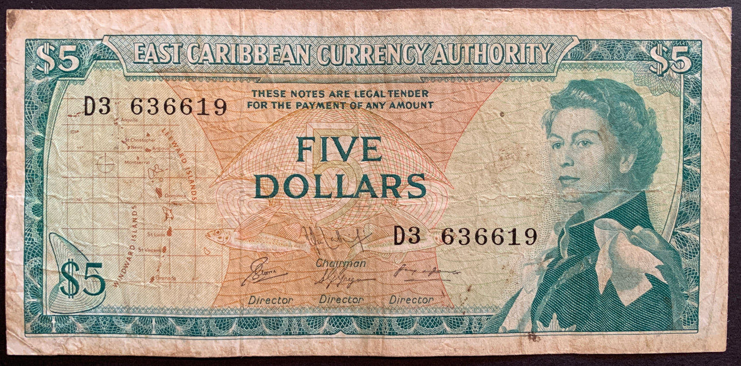 Front of East Caribbean States 5 Dollars ND (1965) P-14h banknote featuring portrait of Queen Elizabeth II, fish, and map of the Caribbeans