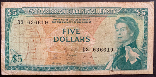 Front of East Caribbean States 5 Dollars ND (1965) P-14h banknote featuring portrait of Queen Elizabeth II, fish, and map of the Caribbeans