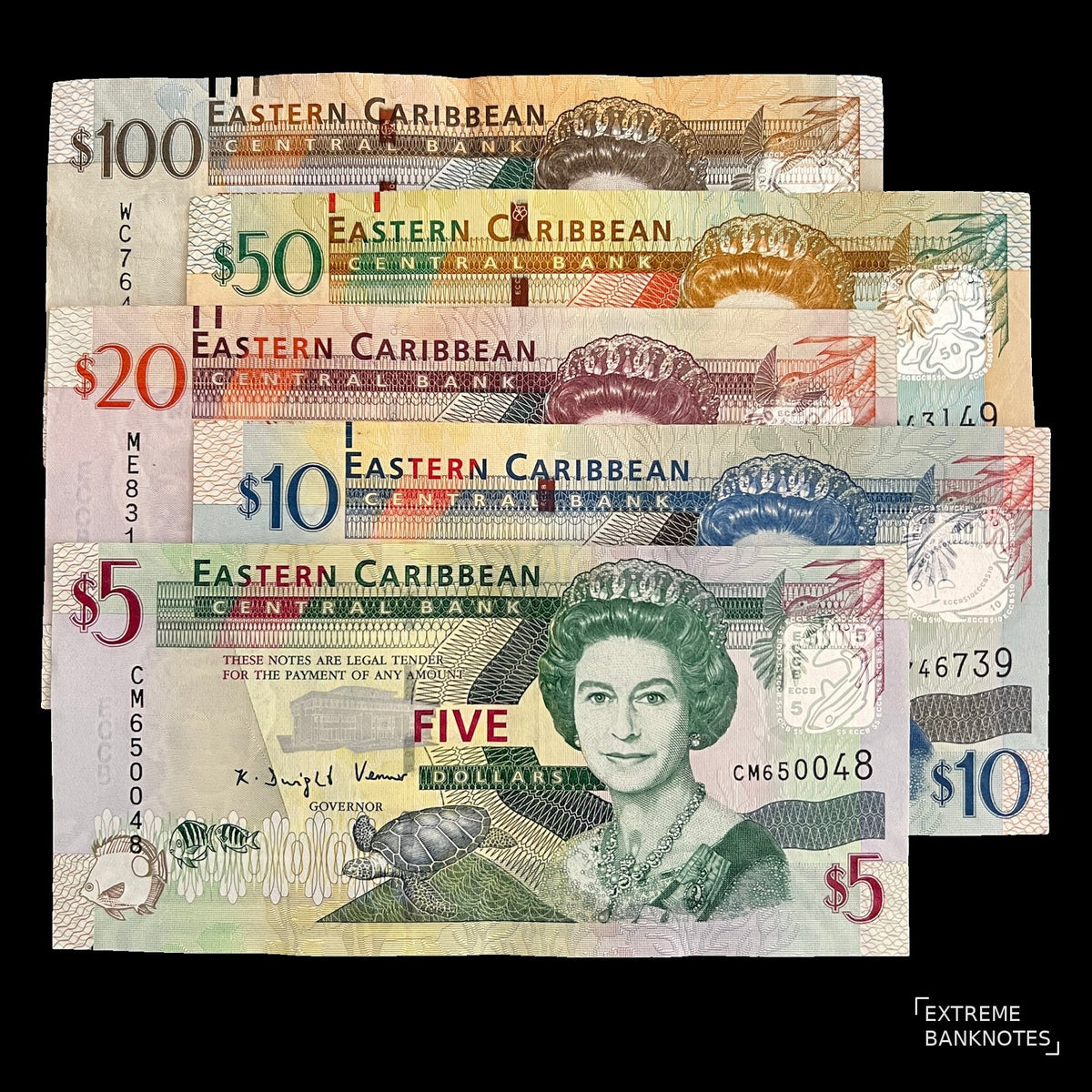 Eastern Caribbean States 5 Banknote Set ND (2008-2015) VF – all 5 notes, 5 to 100 dollars, front with Queen Elizabeth II