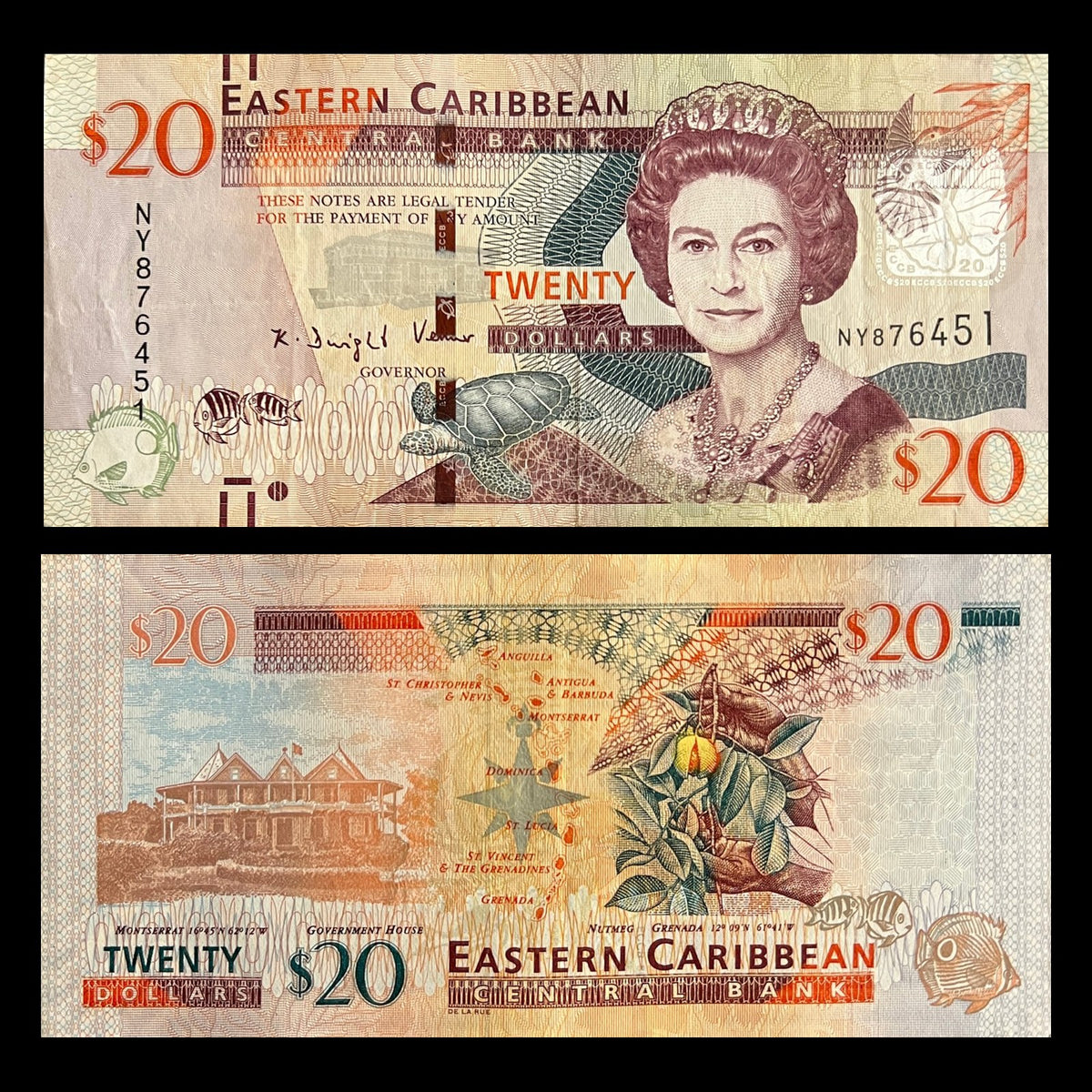 Eastern Caribbean 20 Dollars P-53 front with Queen Elizabeth II, back with Government House Montserrat and nutmeg from Grenada.