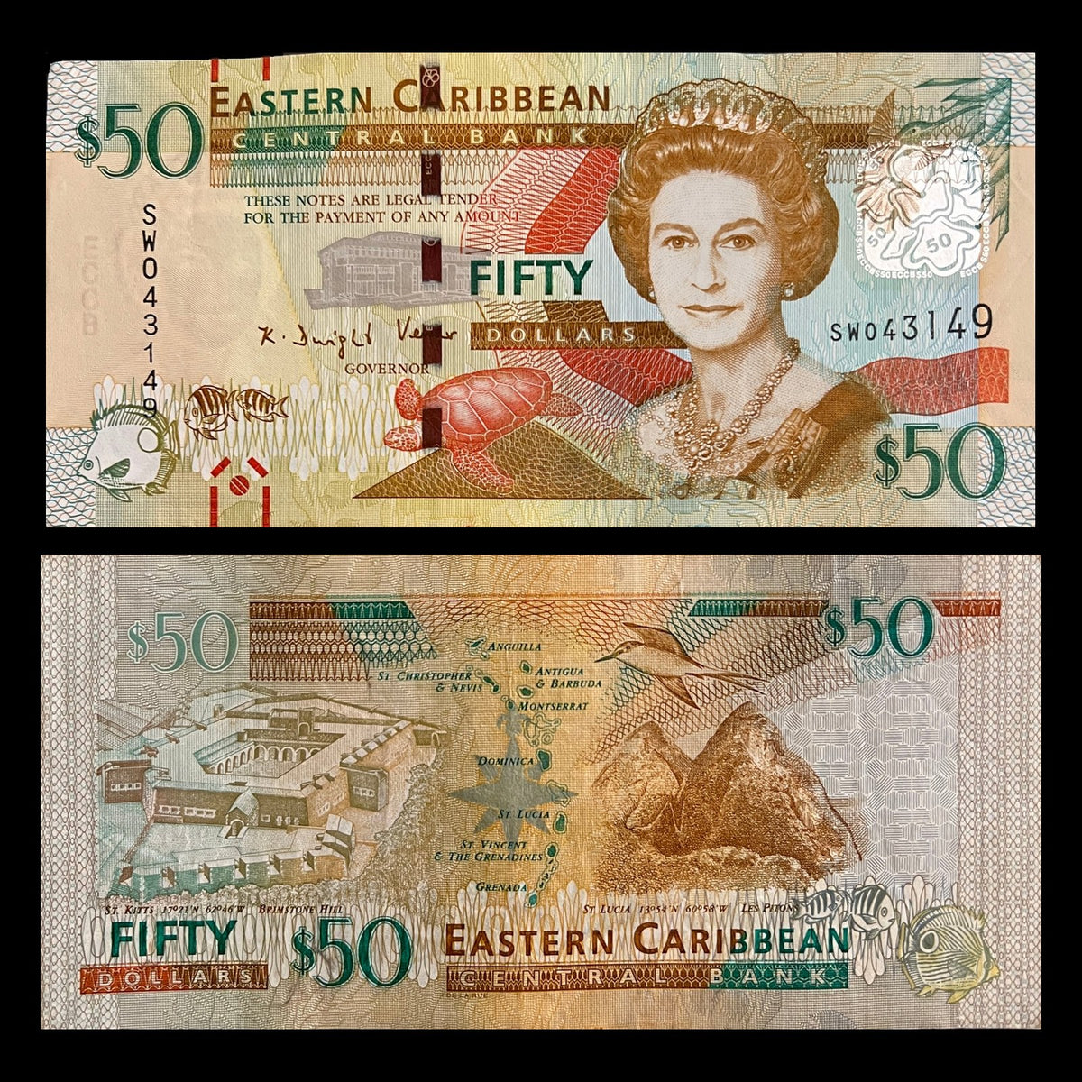 Eastern Caribbean 50 Dollars P-54 front with Queen Elizabeth II, back with Brimstone Hill St. Kitts and the Pitons of St. Lucia.