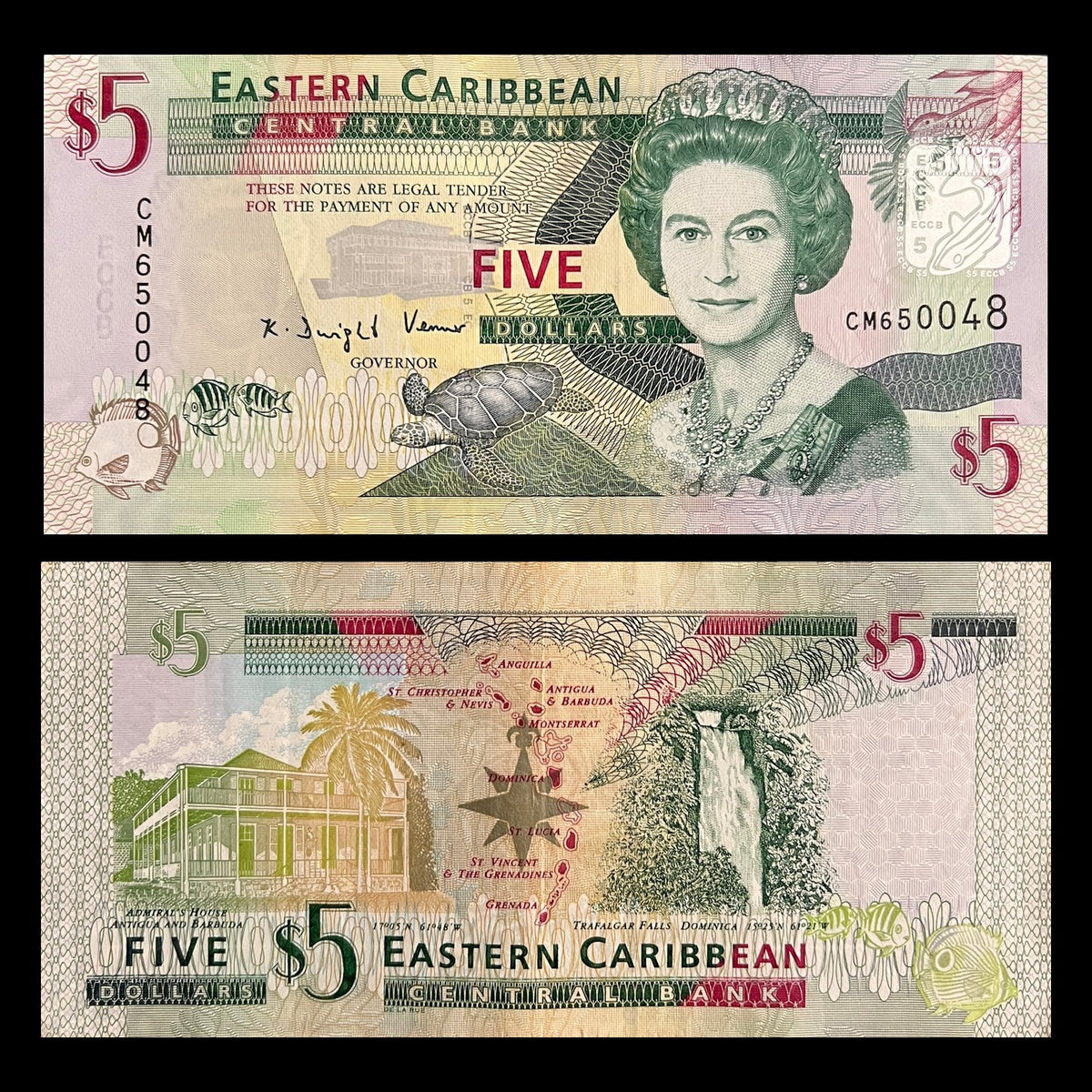 Eastern Caribbean 5 Dollars P-47 front with Queen Elizabeth II and sea turtle, back with Admiral's House Antigua and Trafalgar Falls Dominica.