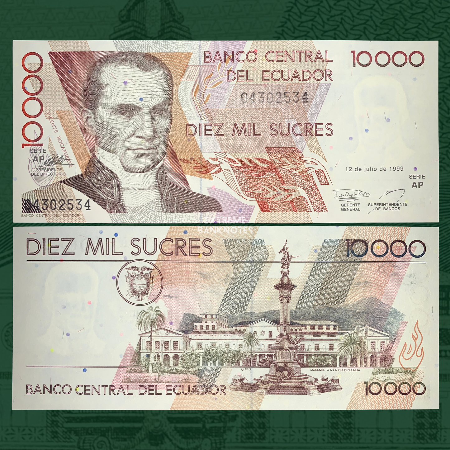 Ecuador 10,000 Sucres 1999 P-127e banknote featuring front and back designs, portrait of Vicente Rocafuerte, Quito Independence Monument, and Banco Central del Ecuador collectible currency