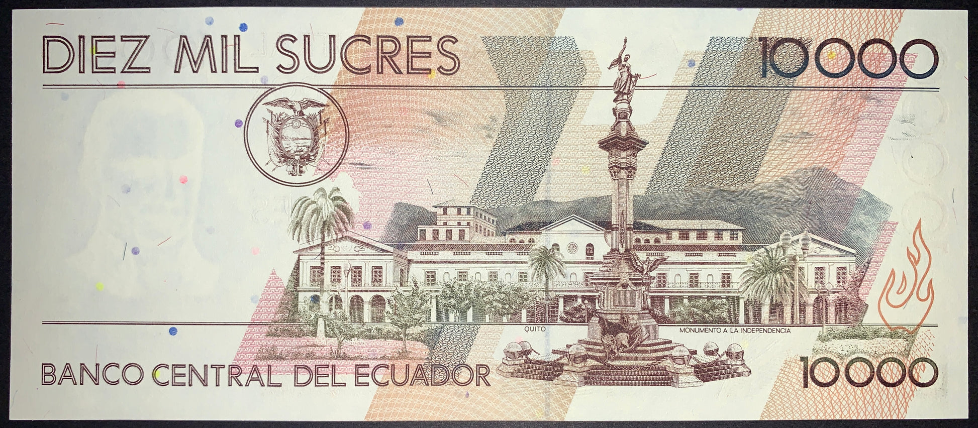 Ecuador 10,000 Sucres 1999 P-127e banknote reverse featuring Quito cityscape, Independence Monument, Banco Central del Ecuador building, and national emblem