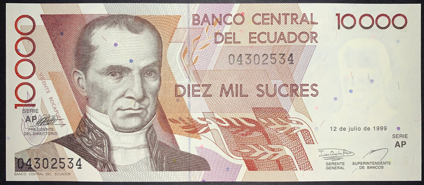 Ecuador 10,000 Sucres 1999 P-127e banknote front showing Vicente Rocafuerte portrait, Banco Central del Ecuador, denomination 10000, and intricate security patterns