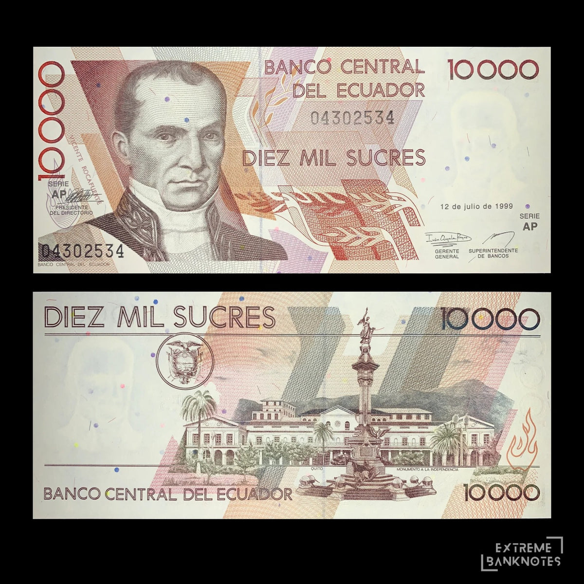 Ecuador 10,000 Sucres 1999 P-127e banknote featuring front and back designs, portrait of Vicente Rocafuerte, Quito Independence Monument, and Banco Central del Ecuador collectible currency