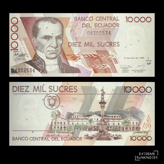 Ecuador 10,000 Sucres 1999 P-127e banknote featuring front and back designs, portrait of Vicente Rocafuerte, Quito Independence Monument, and Banco Central del Ecuador collectible currency