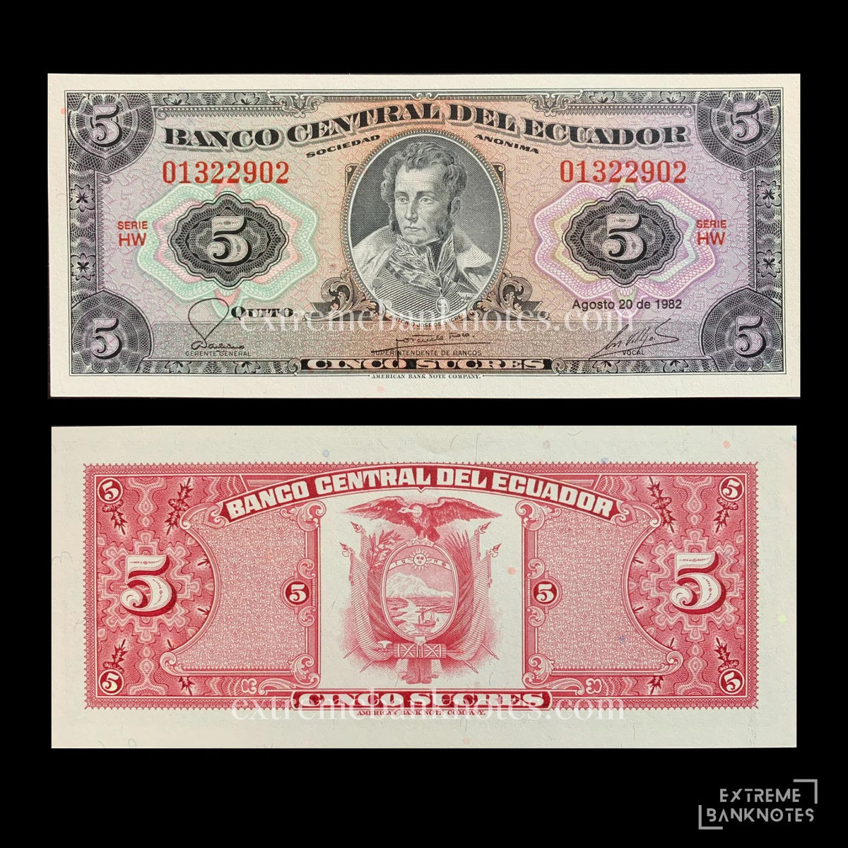 Ecuador 5 Sucres 1982 P-108b UNC – front and back