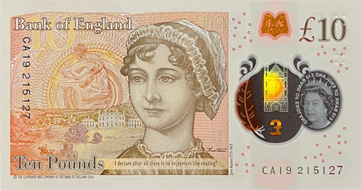 Back view of a Bank of England 10 Pounds polymer banknote showing novelist Jane Austen, Godmersham Park and a quote from Pride and Prejudice.